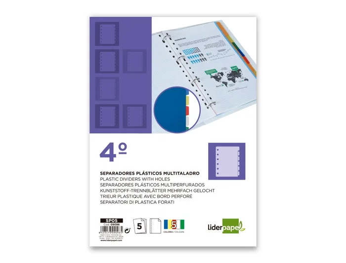 Liderpapel Separadores Plástico para Archivo Cuarto Juego de 5 Separadores Multitaladro Colores Opacos