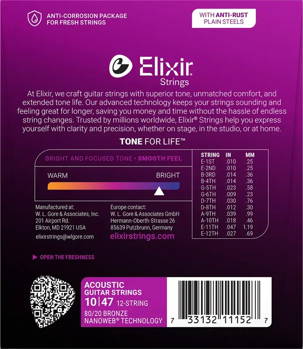 Elixir Juego Acústica 12St. Nanoweb 80/20 Bronze 10-47 / 10-27 Cuerdas para Guitarra