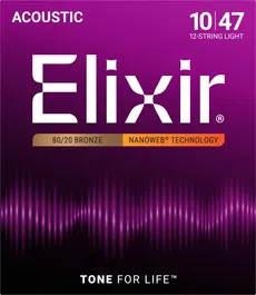 Elixir Juego Acústica 12St. Nanoweb 80/20 Bronze 10-47 / 10-27 Cuerdas para Guitarra