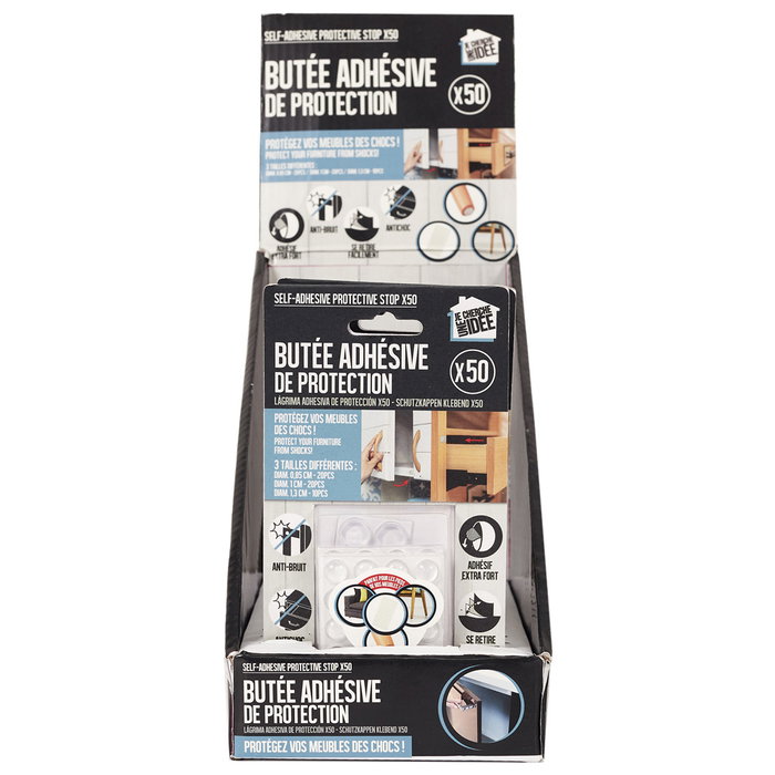 Je cherche une Idee Tope Protector Adhesivo Juego de 50 Piezas Antirruido, 3 Tamaños Surtidos para Puertas y Muebles