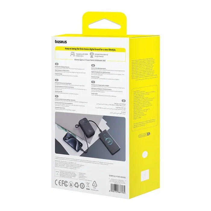 Baseus PPQD4-20C Power Bank 20000 mAh Litio Polímero 30W - Carga Rápida USB-C, Pantalla, Carga 4 Dispositivos, Negro