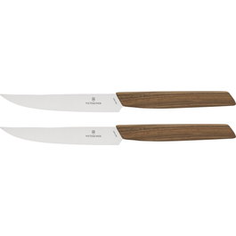 Victorinox Swiss Modern Set de Cuchillos para Carne de Madera de Nogal, 2 piezas de 12 cm de hoja, Marrón / Plata de acero inoxidable de alta calidad (2 unidades)