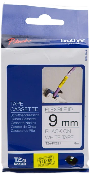 Brother TZe-FX221 Cinta Laminada Flexible 9mm x 8m Negro sobre Blanco