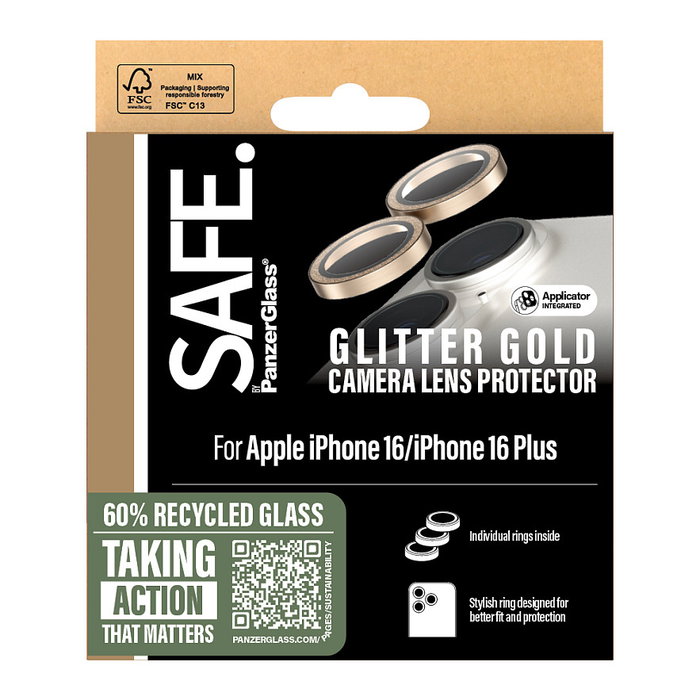 PanzerGlass Protector de Cámara SAFE Glitter Gold para Apple iPhone 16 y iPhone 16 Plus