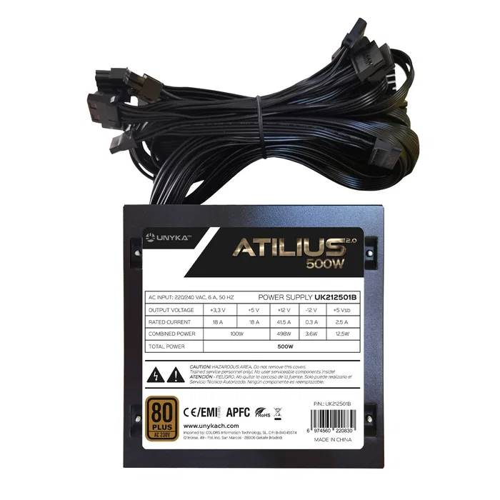 UNYKA Fuente de Alimentación ATILUS 2.0 500W 80 Plus Bronze, 12 cm Ventilador, Negra - UK212501