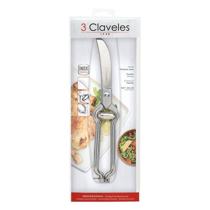 3 Claveles Tijeras Trincha Aves, Acero Inoxidable 24 cm, Microdentadas para Pollo Pato Pavo, con Cierre de Seguridad