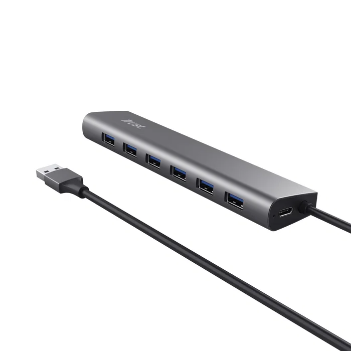 Trust Hub USB 3.2 Gen 1 Halyx, 7 Puertos USB-A + 1 Puerto USB-C, 5 Gbps, Aluminio, Plata