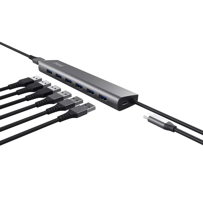 Trust Hub USB 3.2 Gen 1 Halyx, 7 Puertos USB-A + 1 Puerto USB-C, 5 Gbps, Aluminio, Plata