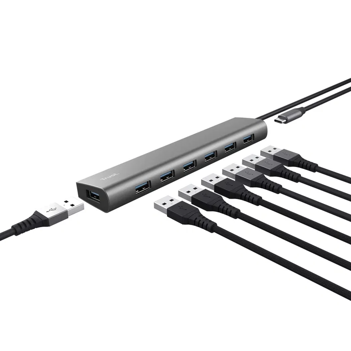 Trust Hub USB 3.2 Gen 1 Halyx, 7 Puertos USB-A + 1 Puerto USB-C, 5 Gbps, Aluminio, Plata