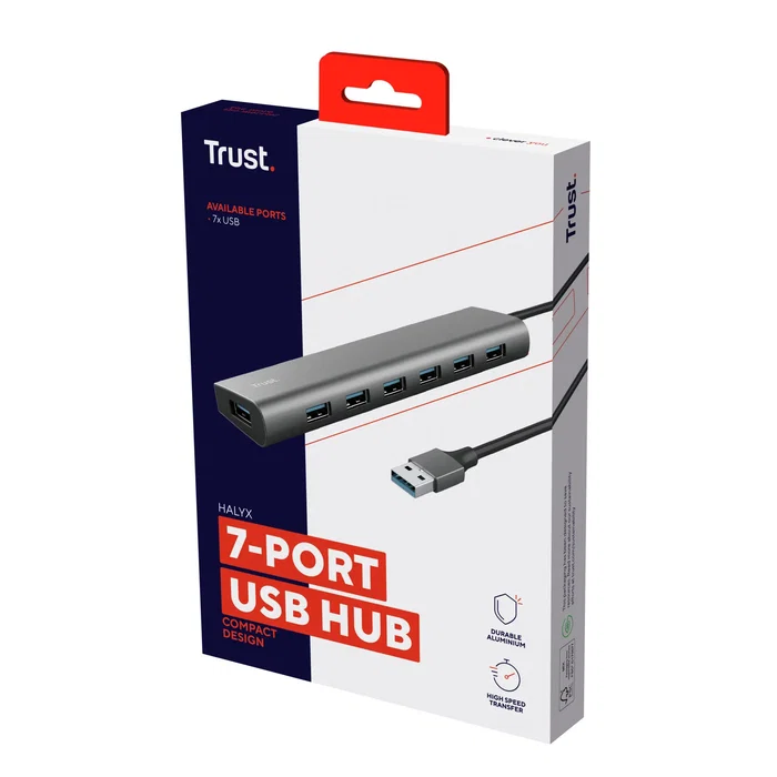 Trust Hub USB 3.2 Gen 1 Halyx, 7 Puertos USB-A + 1 Puerto USB-C, 5 Gbps, Aluminio, Plata