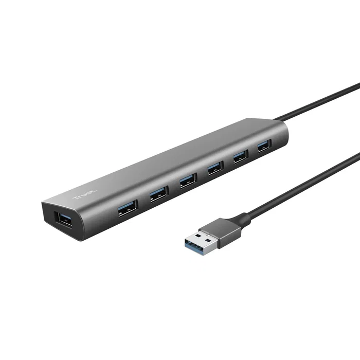 Trust Hub USB 3.2 Gen 1 Halyx, 7 Puertos USB-A + 1 Puerto USB-C, 5 Gbps, Aluminio, Plata
