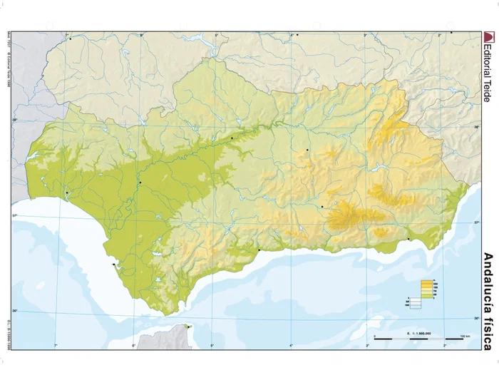 Teide Mapa Mudo Físico de Andalucía, DIN A4, a Color, 100 g/m² Teide Mapa Mudo Físico de Andalucía, DIN A4, a Color, 100 g/m²
