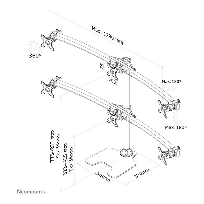 Neomounts FPMA-D700DD6 - Soporte de escritorio para 6 monitores o TV planos de 10" a 27" (69 cm), hasta 8 kg c/u, VESA 100x100/75x75 mm, negro