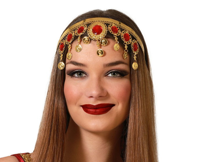 Diadema Carnaval Medallas Doradas Mujer Adulto, Estilo Árabe con Piedras Rojas y Monedas Colgantes para Danza del Vientre y Disfraces Diadema Carnaval Medallas Doradas Mujer Adulto, Estilo Árabe con Piedras Rojas y Monedas Colgantes para Danza del Vientre y Disfraces