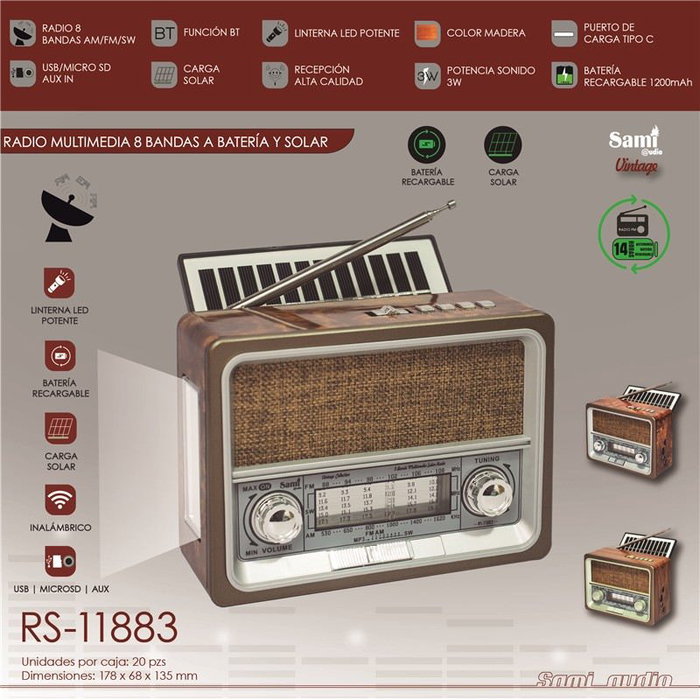 SAMI Radio Sami Vintage 8 bandas madera batería/solar multimedia SAMI Radio Sami Vintage 8 bandas madera batería/solar multimedia