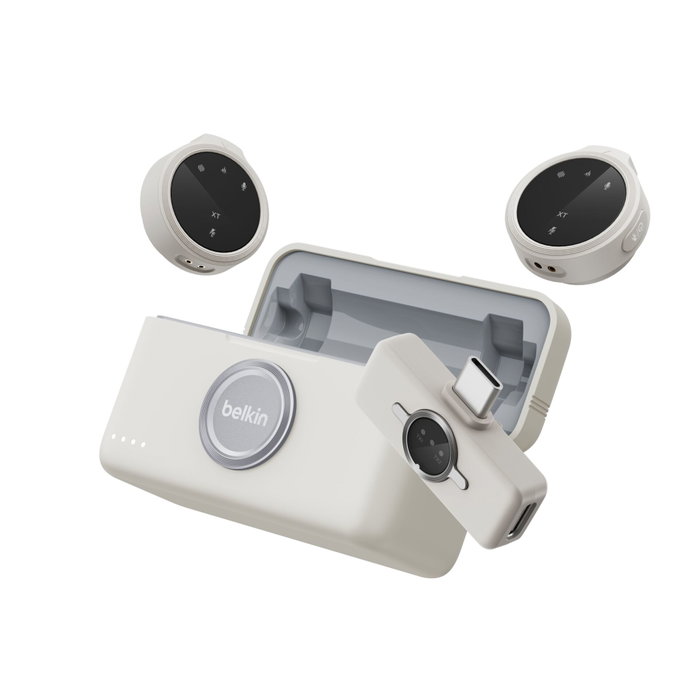 Belkin Stage Dual Micrófono Inalámbrico con Estuche de Carga CTA003hqSA Beige Belkin Stage Dual Micrófono Inalámbrico con Estuche de Carga CTA003hqSA Beige