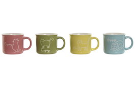 DKD Home Decor Tazas de Porcelana con Diseño de Gatos, Surtido de Colores, 70ml