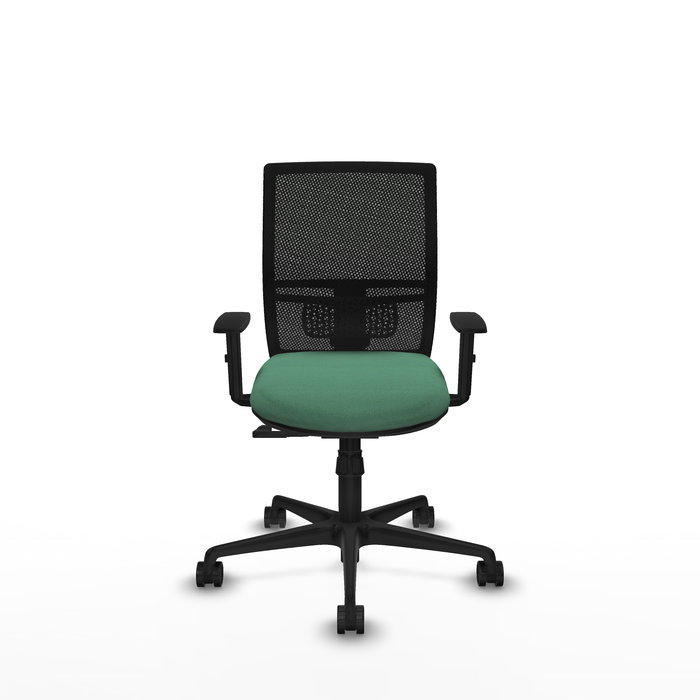 Silla de oficina Yunquera con mecanismo Sincro tapizada con Tela color Verde esmeralda y malla color Negro. Equipada con lumbar 1D, Brazos 1D y Ruedas 65mm nailon