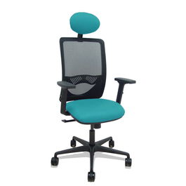 Silla de oficina Zulema con mecanismo Sincro tapizada con Tela color Turquesa y malla color Negro. Equipada con lumbar 1D, Brazos 2D, Cabecero Fijo y Ruedas 65mm nailon
