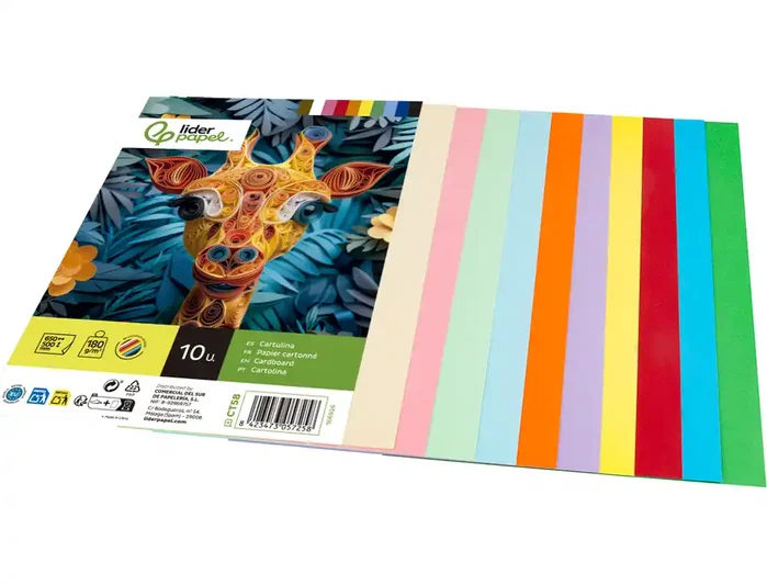 Liderpapel Cartulina 50x65 cm 180g/m2 10 Colores Surtidos Paquete 10 Hojas