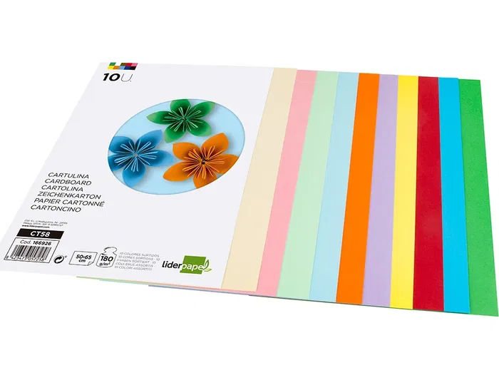 Liderpapel Cartulina 50x65 cm 180g/m2 10 Colores Surtidos Paquete 10 Hojas