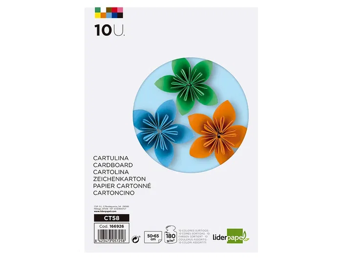 Liderpapel Cartulina 50x65 cm 180g/m2 10 Colores Surtidos Paquete 10 Hojas