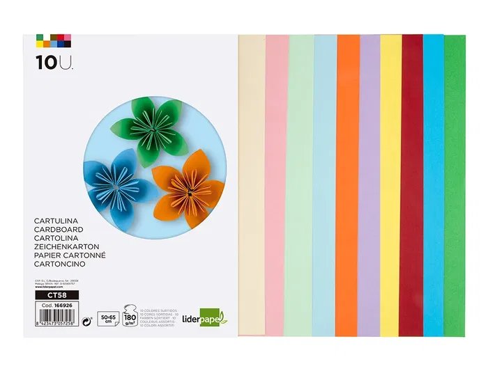 Liderpapel Cartulina 50x65 cm 180g/m2 10 Colores Surtidos Paquete 10 Hojas