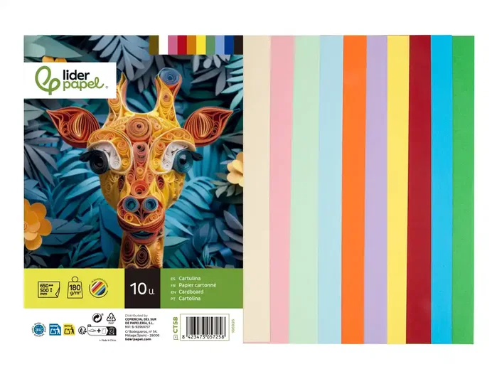 Liderpapel Cartulina 50x65 cm 180g/m2 10 Colores Surtidos Paquete 10 Hojas