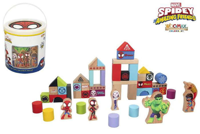 Color Baby Cubo Blocs de Madera Spidey Amazing Friends con 50 Piezas para Niños +18 Meses
