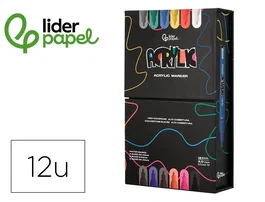 Liderpapel Rotulador Acrílico Base Agua Todo Tipo de Superficie Punta Redonda 3 mm Caja 12 Unidades Colores Surtidos
