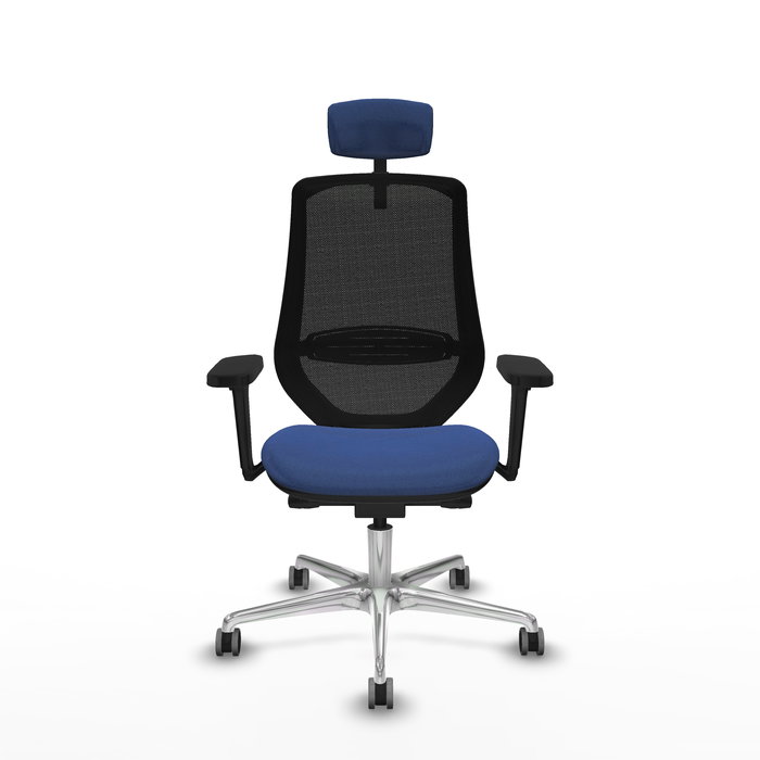 Silla de oficina Mardos con mecanismo Sincro/Traslack tapizada con Tela color Azul marino y malla color Negro. Equipada con lumbar 1D, Brazos 3D, Cabecero 2D y Ruedas 65 mm parqué