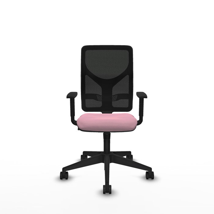 Silla de oficina Motilla con mecanismo Sincro tapizada con Tela color Rosa y malla color negra. Equipada con lumbar 1D, Brazos 1D y Ruedas 65mm nailon
