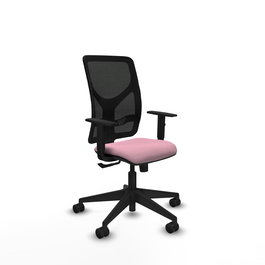 Silla de oficina Motilla con mecanismo Sincro tapizada con Tela color Rosa y malla color negra. Equipada con lumbar 1D, Brazos 1D y Ruedas 65mm nailon