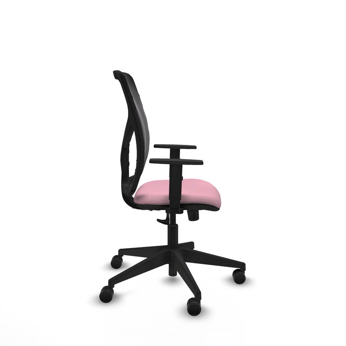 Silla de oficina Motilla con mecanismo Sincro tapizada con Tela color Rosa y malla color negra. Equipada con lumbar 1D, Brazos 1D y Ruedas 65mm nailon