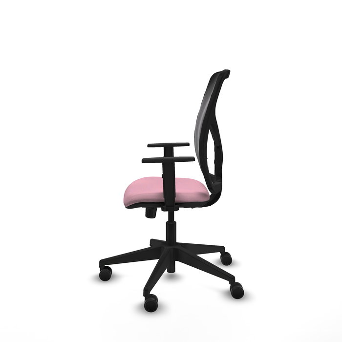 Silla de oficina Motilla con mecanismo Sincro tapizada con Tela color Rosa y malla color negra. Equipada con lumbar 1D, Brazos 1D y Ruedas 65mm nailon