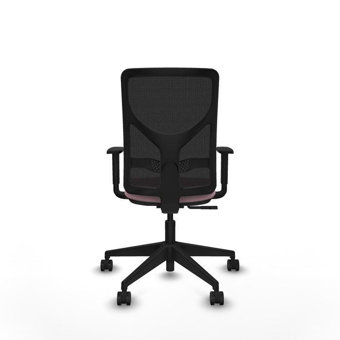 Silla de oficina Motilla con mecanismo Sincro tapizada con Tela color Rosa y malla color negra. Equipada con lumbar 1D, Brazos 1D y Ruedas 65mm nailon