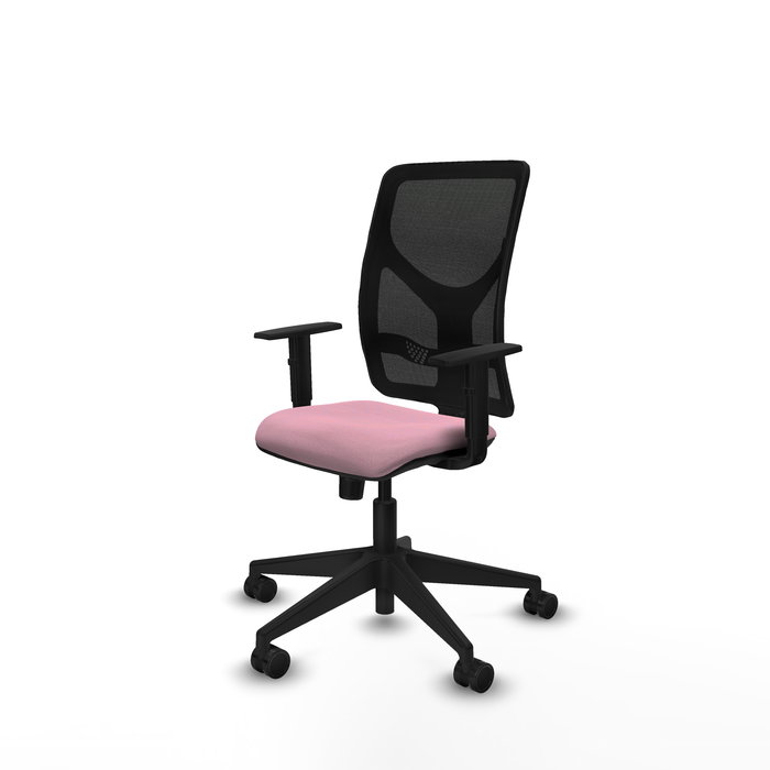 Silla de oficina Motilla con mecanismo Sincro tapizada con Tela color Rosa y malla color negra. Equipada con lumbar 1D, Brazos 1D y Ruedas 65mm nailon
