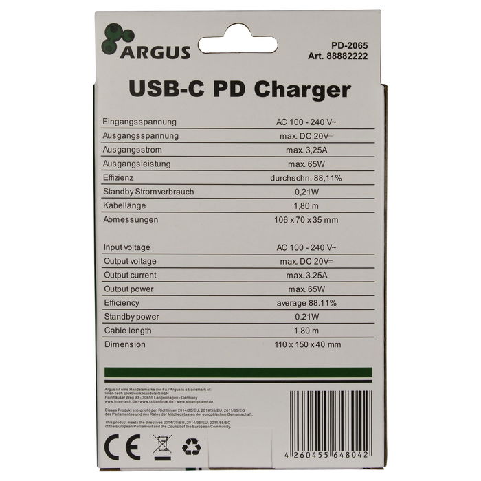 Inter-Tech Cargador USB-C 65W PD-2065 Negro - Carga Rápida 65W