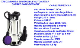TALOX Bomba de Agua Sumergible 550 W Cuerpo Inox 7500L/H SP550DW