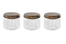 DKD Home Decor Set de 3 Botes de Cristal y Acacia de 300 ml