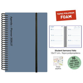 Agenda Anual (2026-27) Senfort 16 Meses Student Foam Espiral Tapa Pp Con Goma 120X170 S/V Plomo