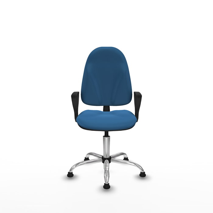 Silla de oficina Algarra con mecanismo Contacto permanente básico tapizada con Similpiel color Azul claro. Equipada con Base cromada, Brazos fijosy Topes