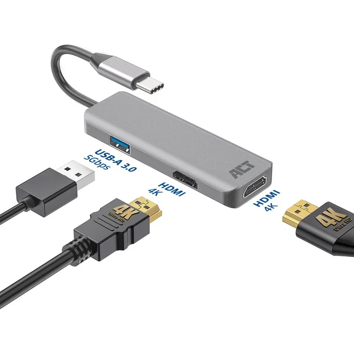 ACT Connectivity Adaptador USB-C a 2 HDMI 4K y USB-A AC7013 Gris y Negro ACT Connectivity Adaptador USB-C a 2 HDMI 4K y USB-A AC7013 Gris y Negro
