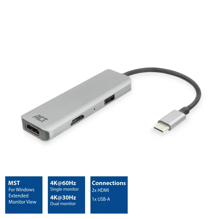 ACT Connectivity Adaptador USB-C a 2 HDMI 4K y USB-A AC7013 Gris y Negro ACT Connectivity Adaptador USB-C a 2 HDMI 4K y USB-A AC7013 Gris y Negro