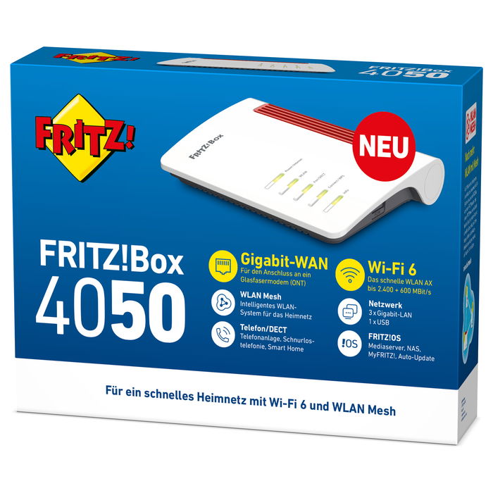 AVM Fritz!Box 4050 AX Router WiFi 6 con Banda 2.4 y 5 GHz para Fibra y ADSL/VDSL