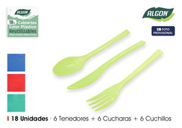 Algon Set 18 Cubiertos PP Colores 23 cm Largo x 6 cm Ancho x 6 cm Alto (24 Unidades)