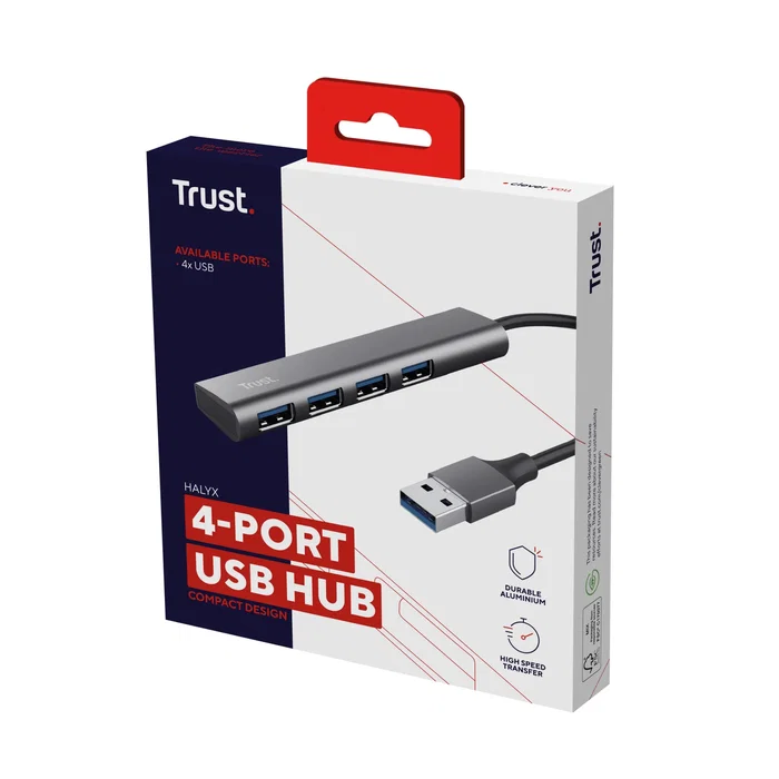 Trust Halyx Hub USB 3.2 Gen 1 (5 Gbit/s) - 4 Puertos Tipo-A, Cable 0.1m, Plug & Play, Negro/Gris