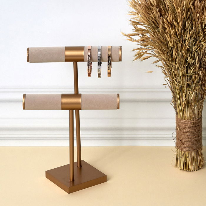 Home Deco Factory Porta Joyas Doble Beige-Dorado Colección Pour Elle Terciopelo y Metal 21x14 cm h.30,5 cm