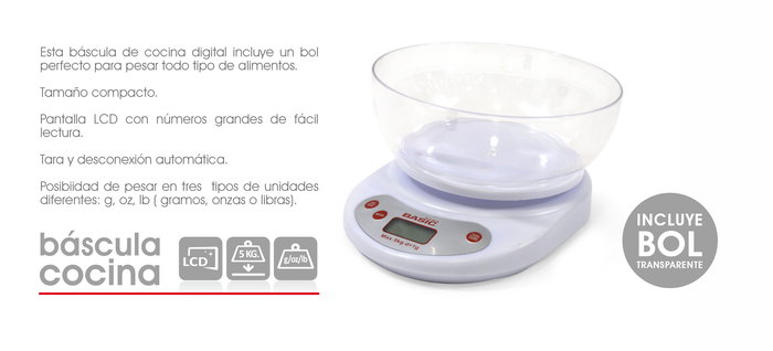 Basic Home Báscula Cocina Digital 5 Kg con Bol Color Blanco (6 Unidades)