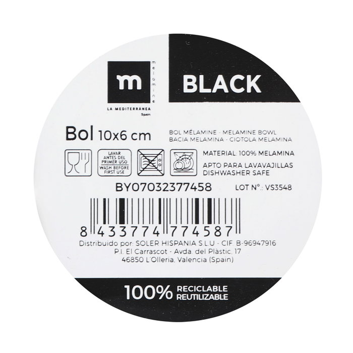 La Mediterranea Bol Melamina Mate Black 10 cm x 6 cm (24 Unidades)